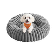 Feandrea medium dog and cat bed in dove grey with a small dog sitting inside on a white background