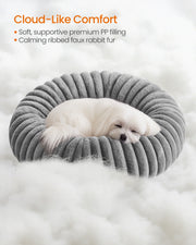 Cloud-like comfort infographic showing the PP filling and ribbed faux rabbit fur inside the Feandrea pet bed