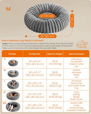 Feandrea pet bed size chart comparing S, M, L, XL and XXL dimensions and ideal pet weight