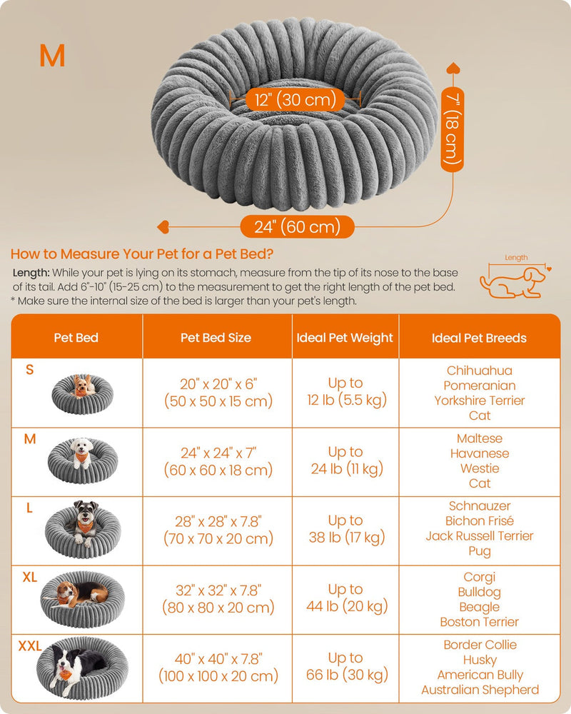 Feandrea pet bed size chart comparing S, M, L, XL and XXL dimensions and ideal pet weight