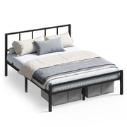 Matte black metal double bed frame with a grid headboard and storage boxes tucked underneath