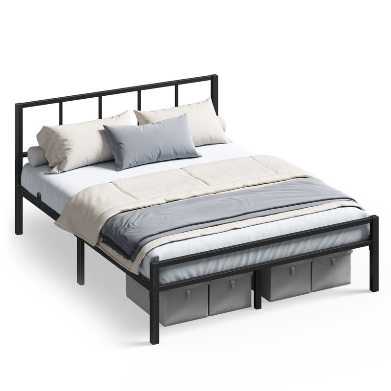 Matte black metal double bed frame with a grid headboard and storage boxes tucked underneath