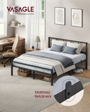 Matte black bed frame in a bedroom with a close-up inset of the mattress retainer hook