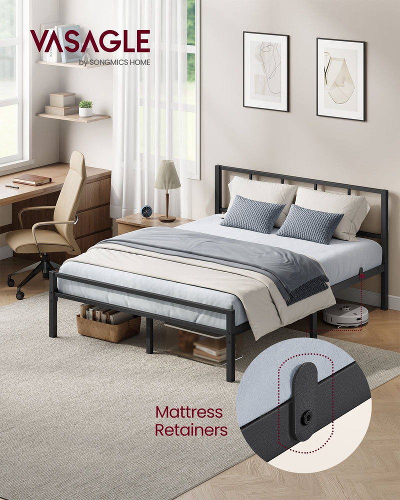 Matte black bed frame in a bedroom with a close-up inset of the mattress retainer hook