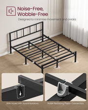 Bare metal bed frame beside insets showing the side hooks, sound isolators and plastic connectors
