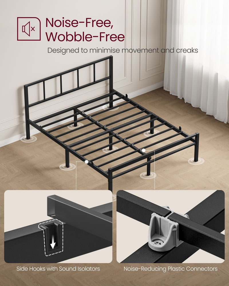 Bare metal bed frame beside insets showing the side hooks, sound isolators and plastic connectors