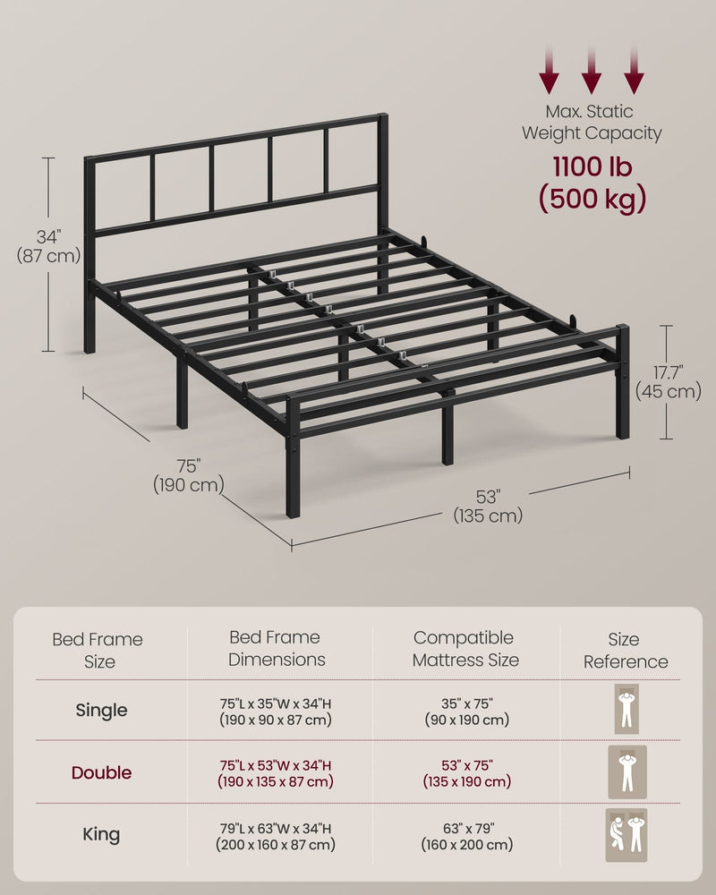 Dimension diagram of the metal double bed frame marked 190 by 135 cm with an 87 cm headboard