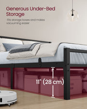 Storage boxes and bedding kept in the open space beneath the matte black bed frame