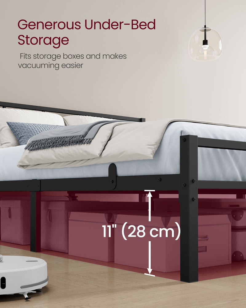 Storage boxes and bedding kept in the open space beneath the matte black bed frame