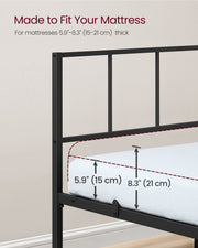 Close-up of the metal headboard bars beside the mattress thickness range the frame suits