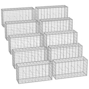 Set of 10 empty metal gabion cages arranged in five rows