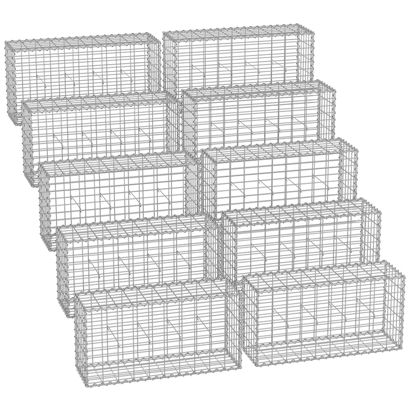 Set of 10 empty metal gabion cages arranged in five rows