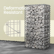 Tall stone-filled gabion with an inset diagram of the internal spacer hook