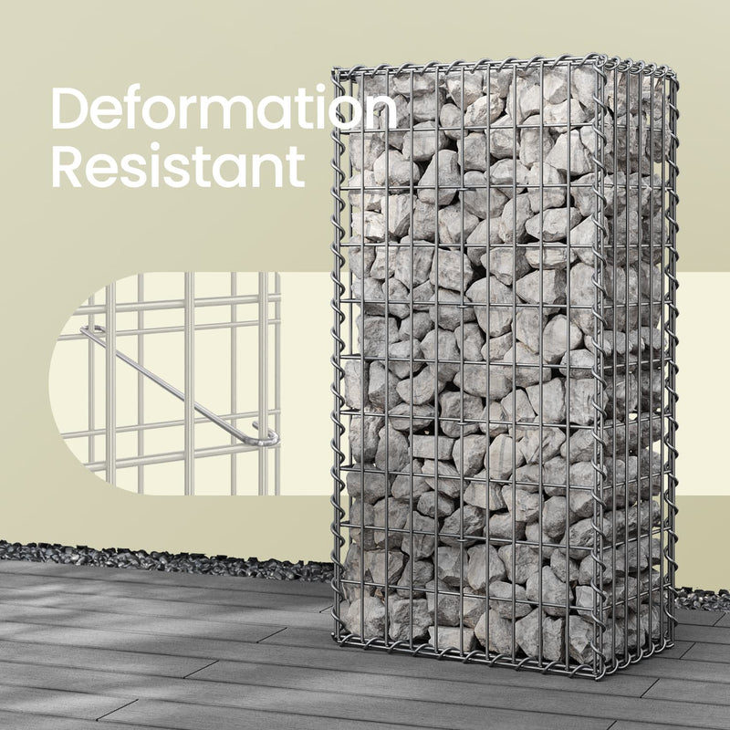 Tall stone-filled gabion with an inset diagram of the internal spacer hook