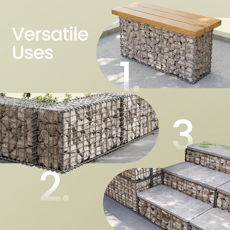 Three uses shown: a bench base, a garden divider wall and stone-clad steps
