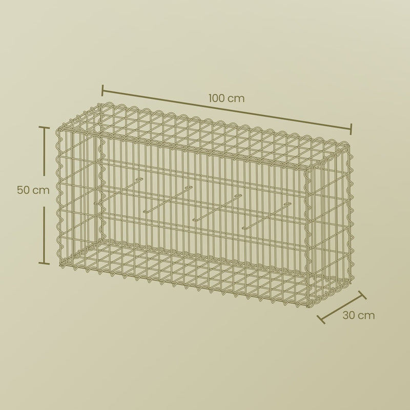Line diagram of one gabion cage labelled 100 cm wide, 50 cm high and 30 cm deep