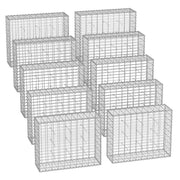Set of 10 empty metal gabion cages arranged in two rows