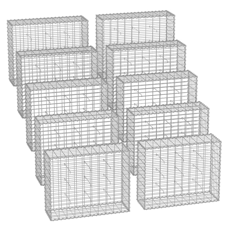Set of 10 empty metal gabion cages arranged in two rows