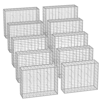 Set of 10 empty metal gabion cages arranged in two rows
