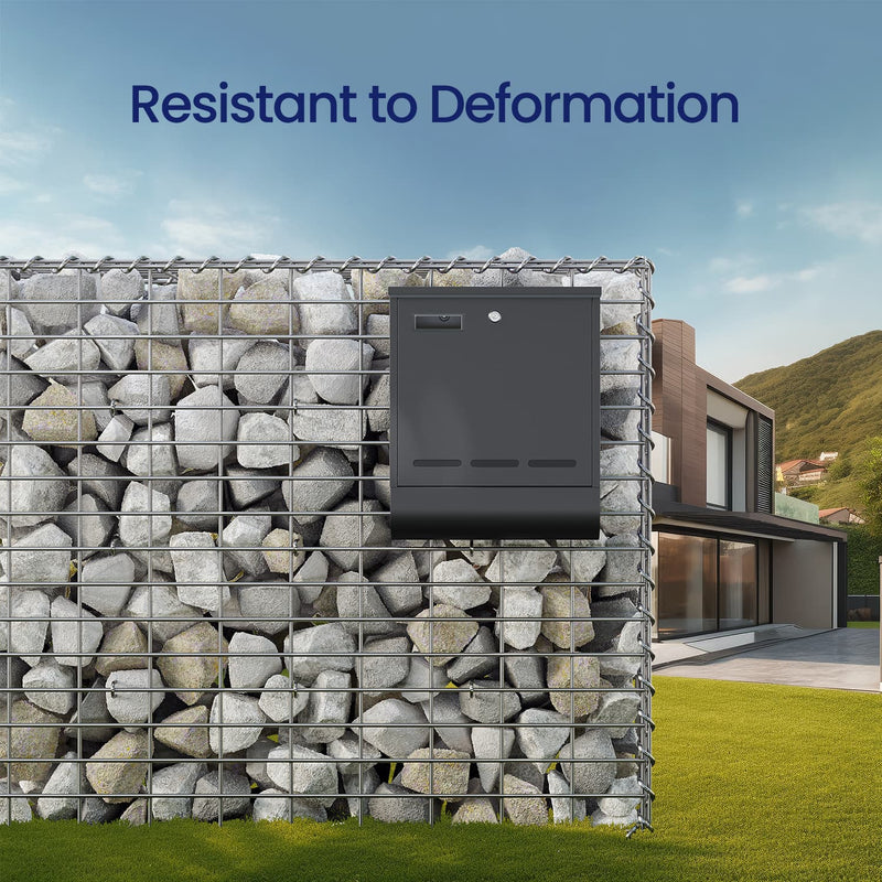 Gabion stone wall with an integrated letterbox outside a modern home