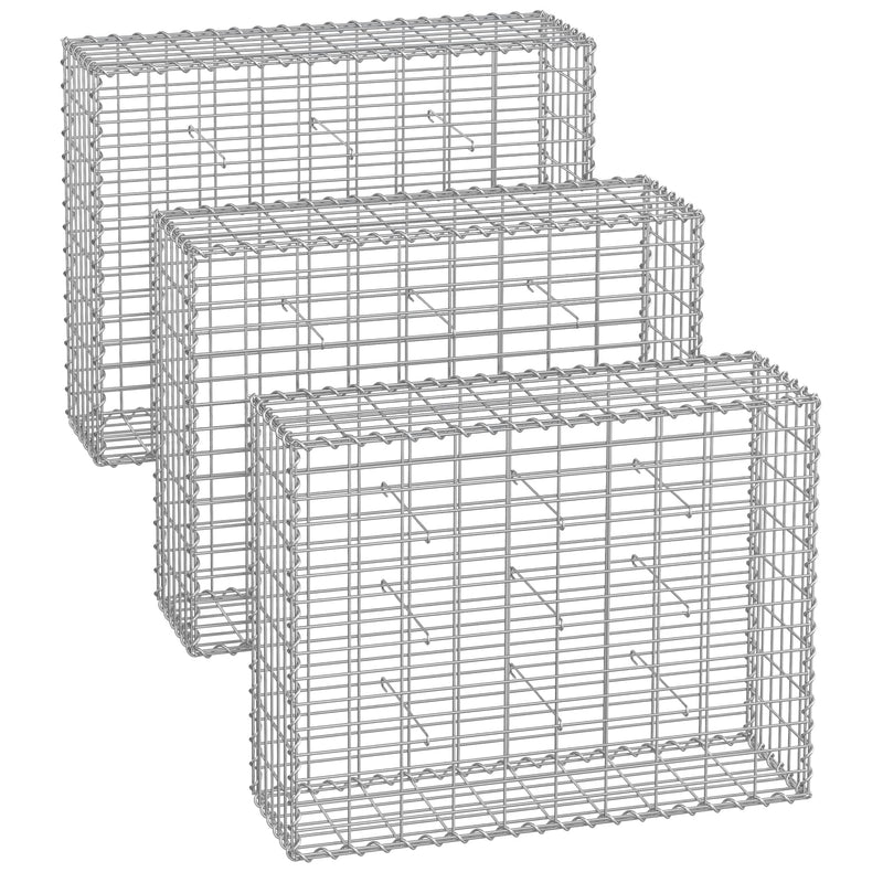 Three empty metal gabion cages shown stacked front to back