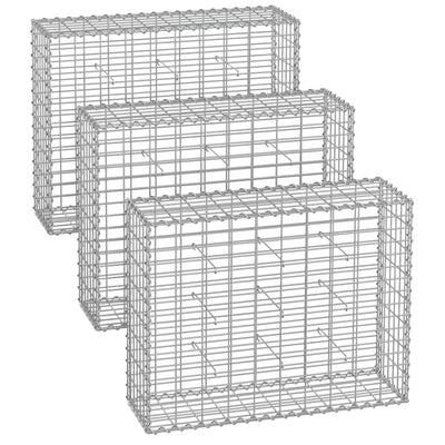Three empty metal gabion cages shown stacked front to back