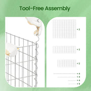 Parts list graphic showing mesh panels, spiral binding wires and spacer hooks
