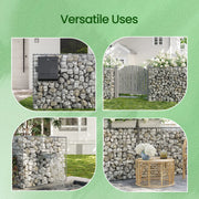 Collage of gabion uses including a letterbox surround, gate edge and patio wall