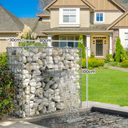 Stone-filled gabion by a house with 30 cm, 80 cm and 100 cm dimension labels