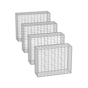 Set of 4 silver galvanised gabion cages stacked in a row on a white background