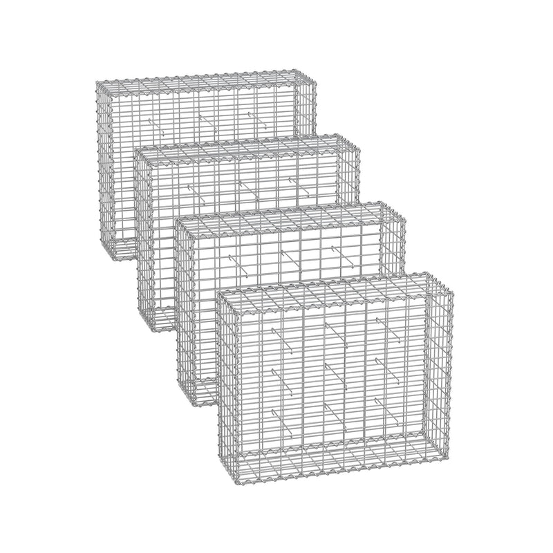 Set of 4 silver galvanised gabion cages stacked in a row on a white background
