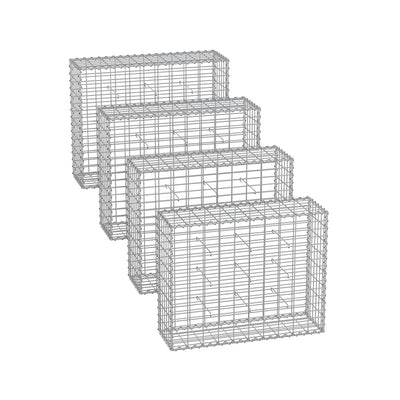Set of 4 silver galvanised gabion cages stacked in a row on a white background