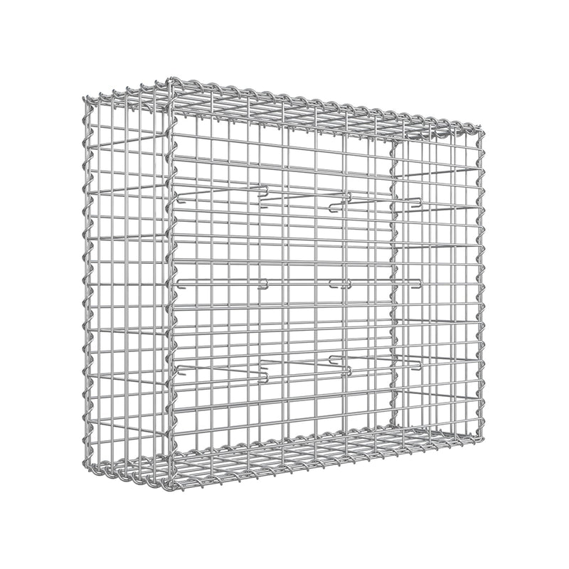 Single silver galvanised gabion cage shown at an angle on a white background