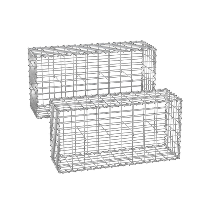 Songmics metal gabion cages shown in four sizes stacked in a row
