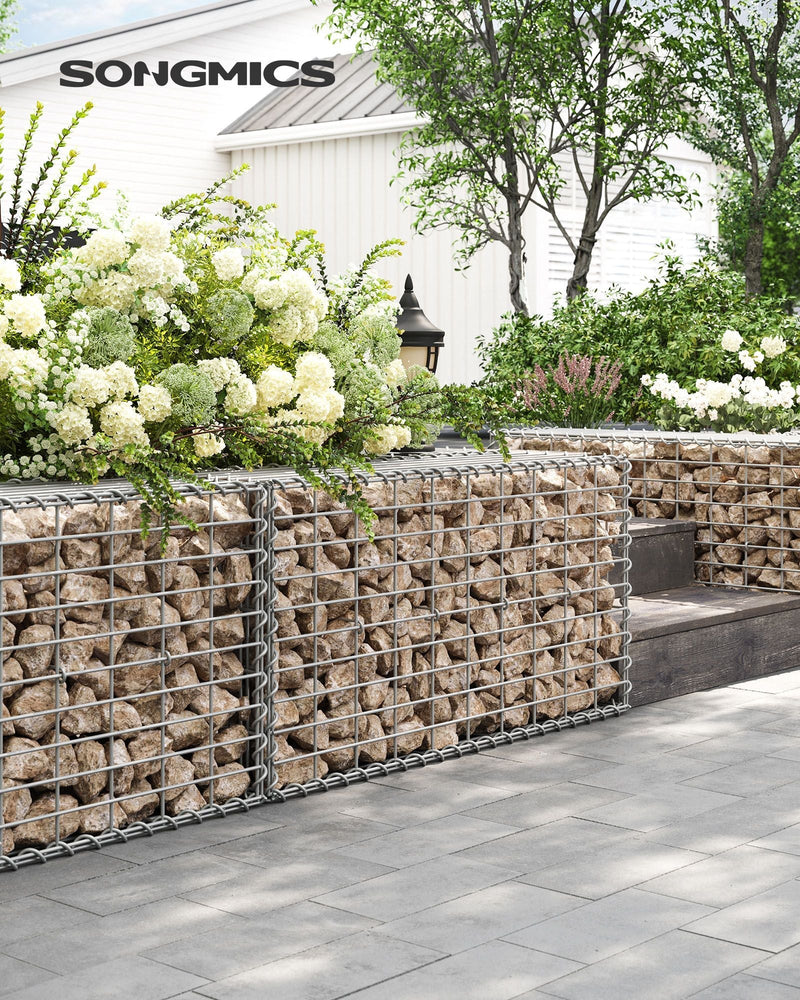 Songmics gabion cages filled with stone forming a garden retaining wall