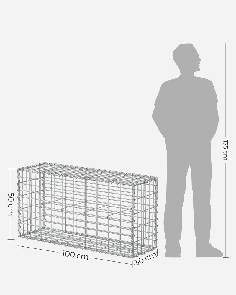 Dimension diagram of the Songmics gabion cage showing 100 x 50 x 30cm beside a human silhouette