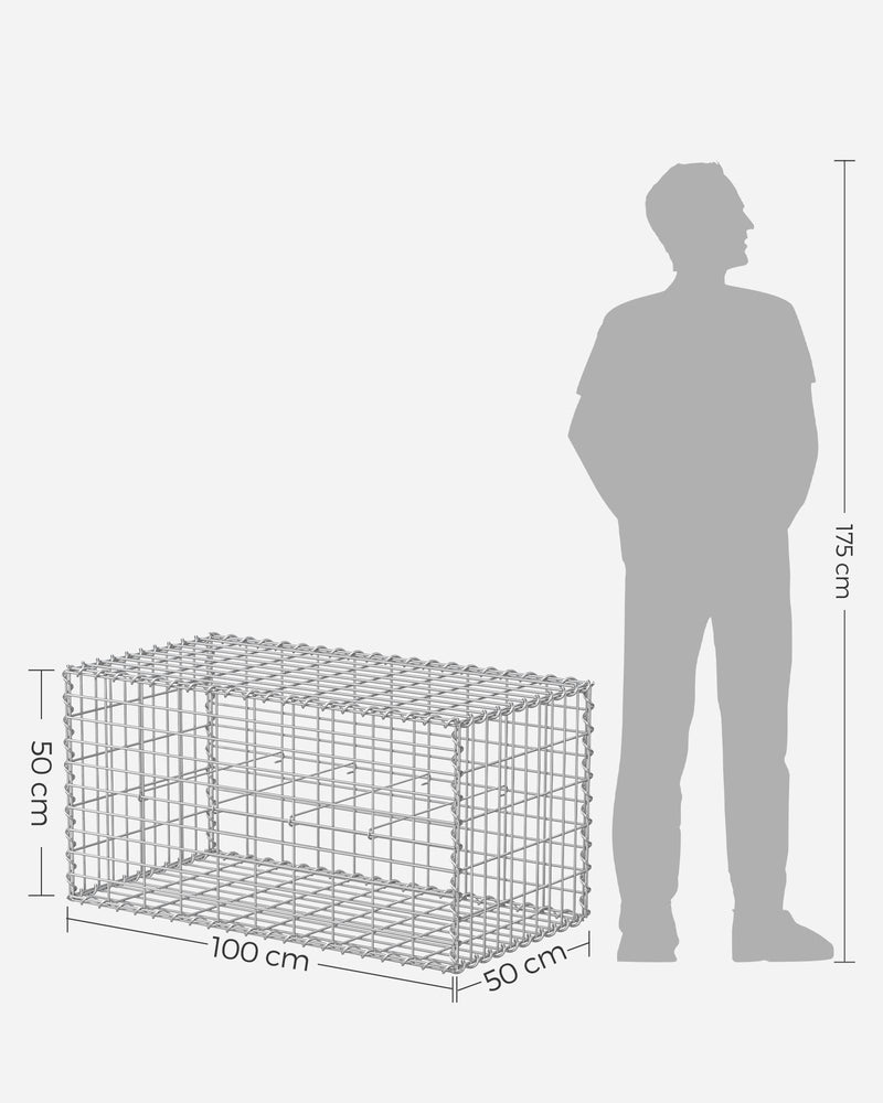 Dimension diagram of the Songmics gabion cage showing 100 x 50 x 50cm beside a human silhouette