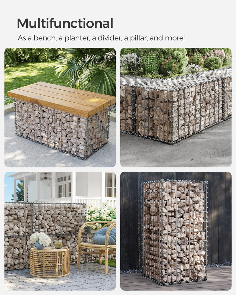 Four lifestyle uses of the Songmics gabion cage as a table base, mailbox stand, water feature and gate pillar