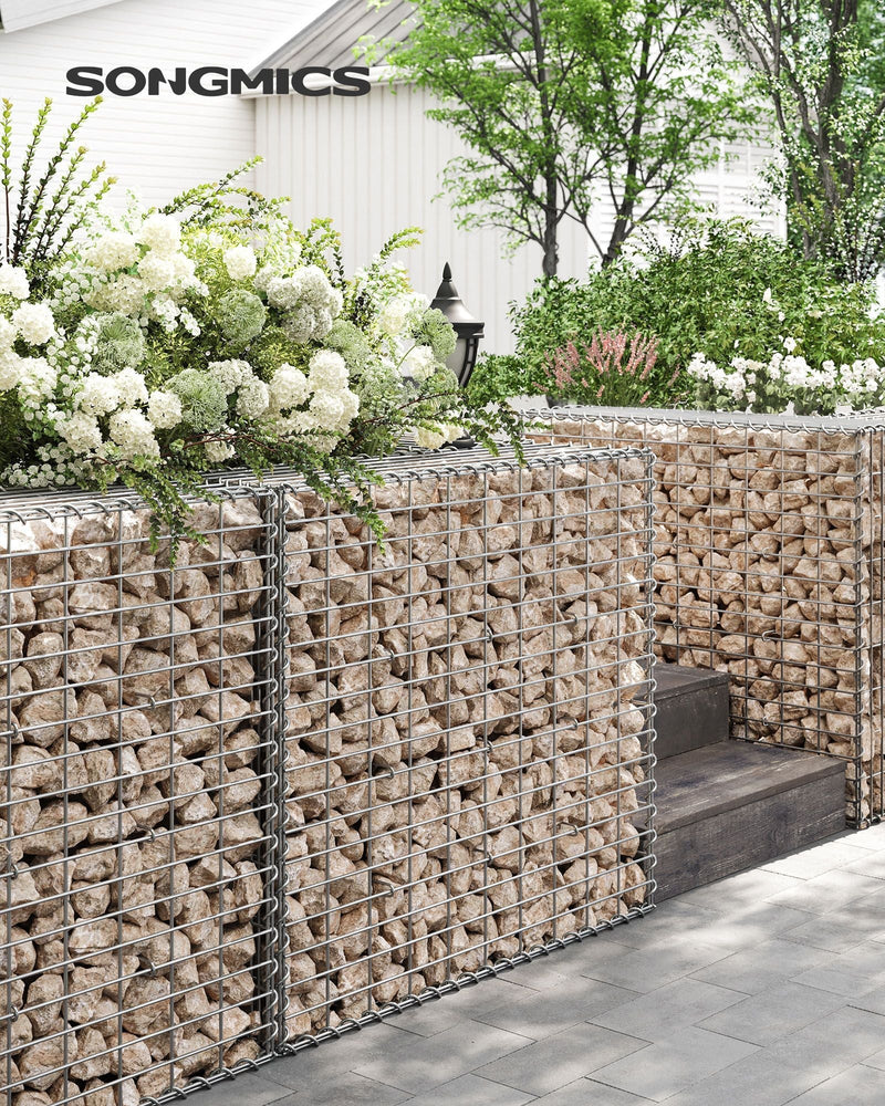 Songmics gabion cages filled with stone forming a garden retaining wall