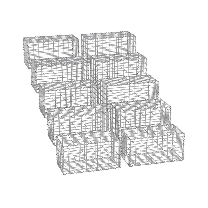 Ten wireframe metal gabion cages stacked in a grid, 100 x 50 x 50 cm each