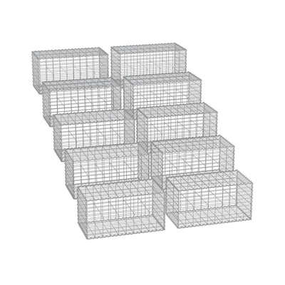 Ten wireframe metal gabion cages stacked in a grid, 100 x 50 x 50 cm each