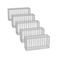 Five wireframe metal gabion cages in a row, 100 x 30 x 50 cm each