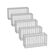Five wireframe metal gabion cages in a row, 100 x 30 x 50 cm each