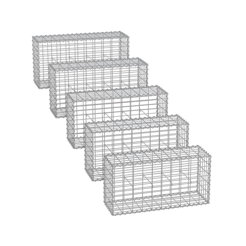 Five wireframe metal gabion cages in a row, 100 x 30 x 50 cm each