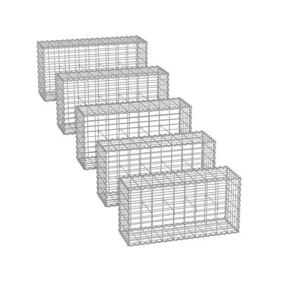 Five wireframe metal gabion cages in a row, 100 x 30 x 50 cm each