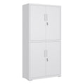 Matte grey steel garage storage cabinet with four closed double doors and handles on a white background