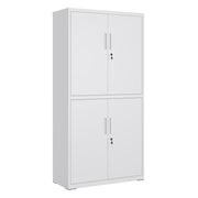 Matte grey steel garage storage cabinet with four closed double doors and handles on a white background