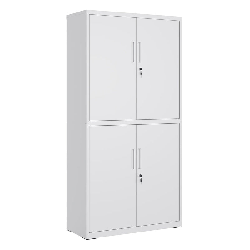 Matte grey steel garage storage cabinet with four closed double doors and handles on a white background