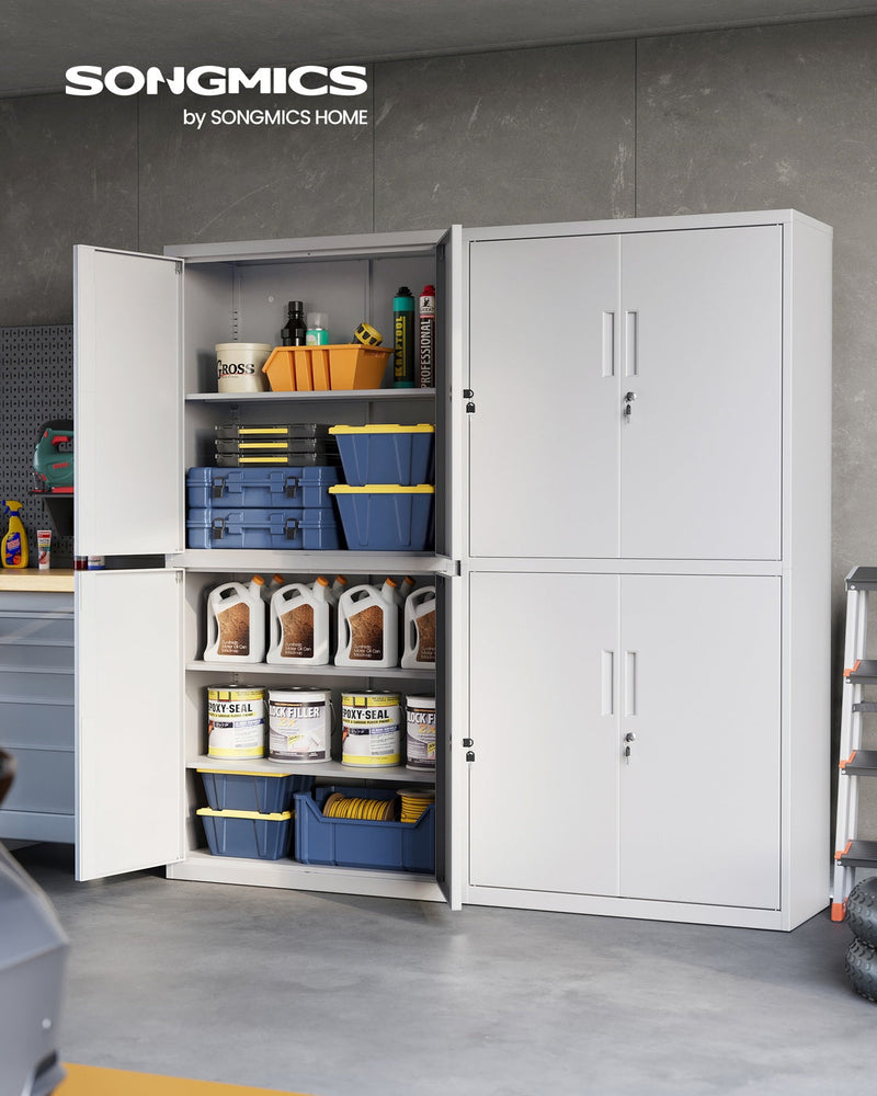 Garage cabinet shown with doors open revealing adjustable shelves
