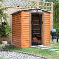 Brown wood grain 6x5ft metal garden shed in a garden with the sliding doors open, showing a ladder and mower stored inside
